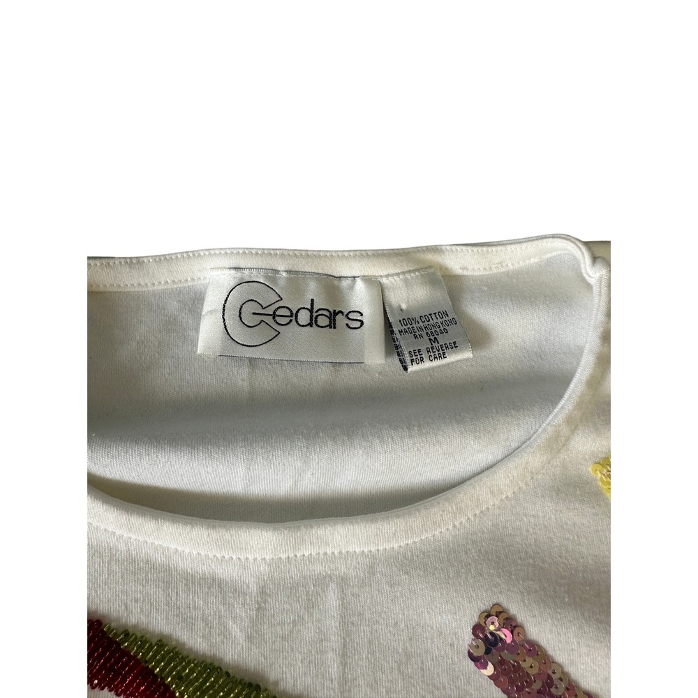 Cedars Vintage 90s White Sequin Beaded Abstract T-Shirt Womens M Oversized JS - Picture 6 of 11